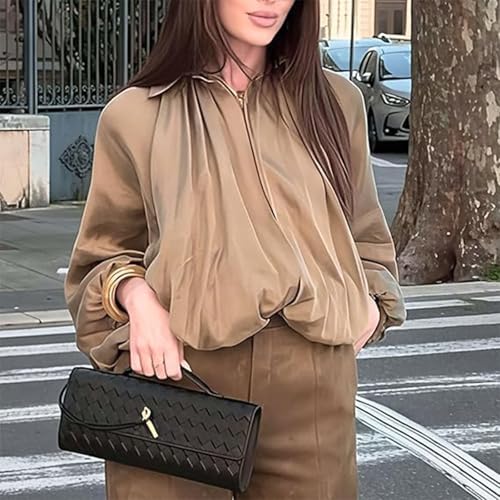 Balloon Sleeve Jacket For Women, Batwing Sleeve Lapel Front Zip Shirts, Oversized Pleated Streetwear Jackets2