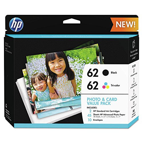 HP 62 | 2 Ink Cartridges with Assorted Photo Paper | Black, Tri-Color | Works Envy 5500 Series, 5600 Series, 7600 Series, OfficeJet 200, 250, 258, 5700 Series, 8040 | C2P04AN C2P06AN