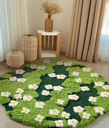 Image of Ouyattle Cute Green Floral Large Bathroom Rugs Bath Mat 3ft Non Slip Washable, Modern Chic Boho Aesthetic Trendy Funky Microfiber Shaggy Tufted Moss Rugs for Bedroom Dorm Nursery Bathroom Kitchen