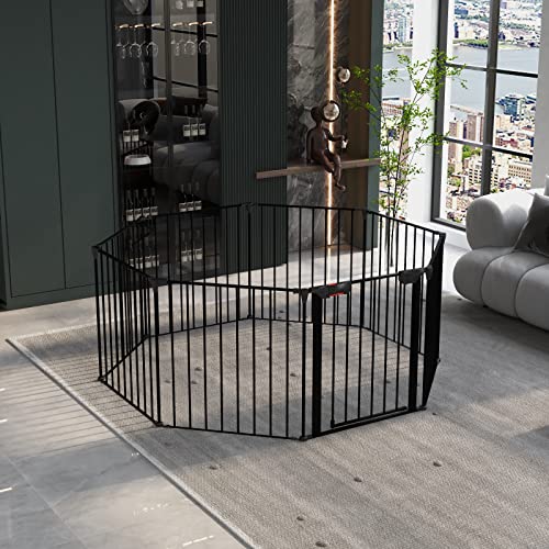 Image of Fegherug Baby Gate Metal Pet Safety Playpen, 200" Wide Dog Gate Pet Gate Adjustable 4 in 1 for Wide Doorways, Fireplace Gate Hearth Gate Indoor Extra Wide Gate, Wall Mounted