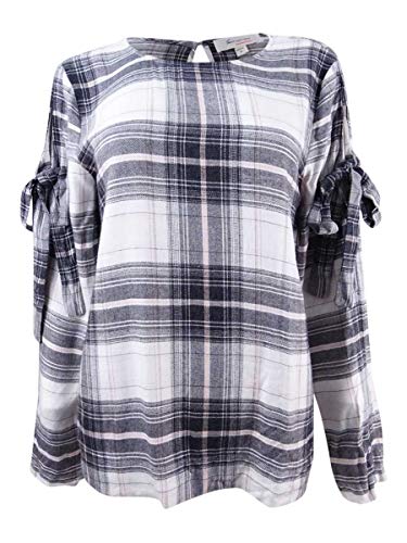 Vince Camuto Long Sleeve Linearscape Plaid Blouse with Sleeve Ties Dusty Blush SM (US 4-6)
