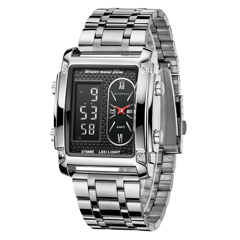 Giordano Analog-Digital Quartz Watch for Men with LED Light, 3-Time Display, Date Function, 30M Water Resistance & Stainless Steel Strap