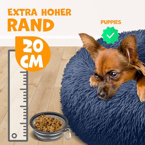 Lovpet® Hundebett Hundekissen Katzenbett Bagel, Waschbar, Inkl. Napf + 3X Kauknochen, Hundesofa flauschig Kissen Rund aus Plüsch für Kleine, Mittelgroße & Große Hunde, Katzen [3XL, Ø 100cm Navyblau]