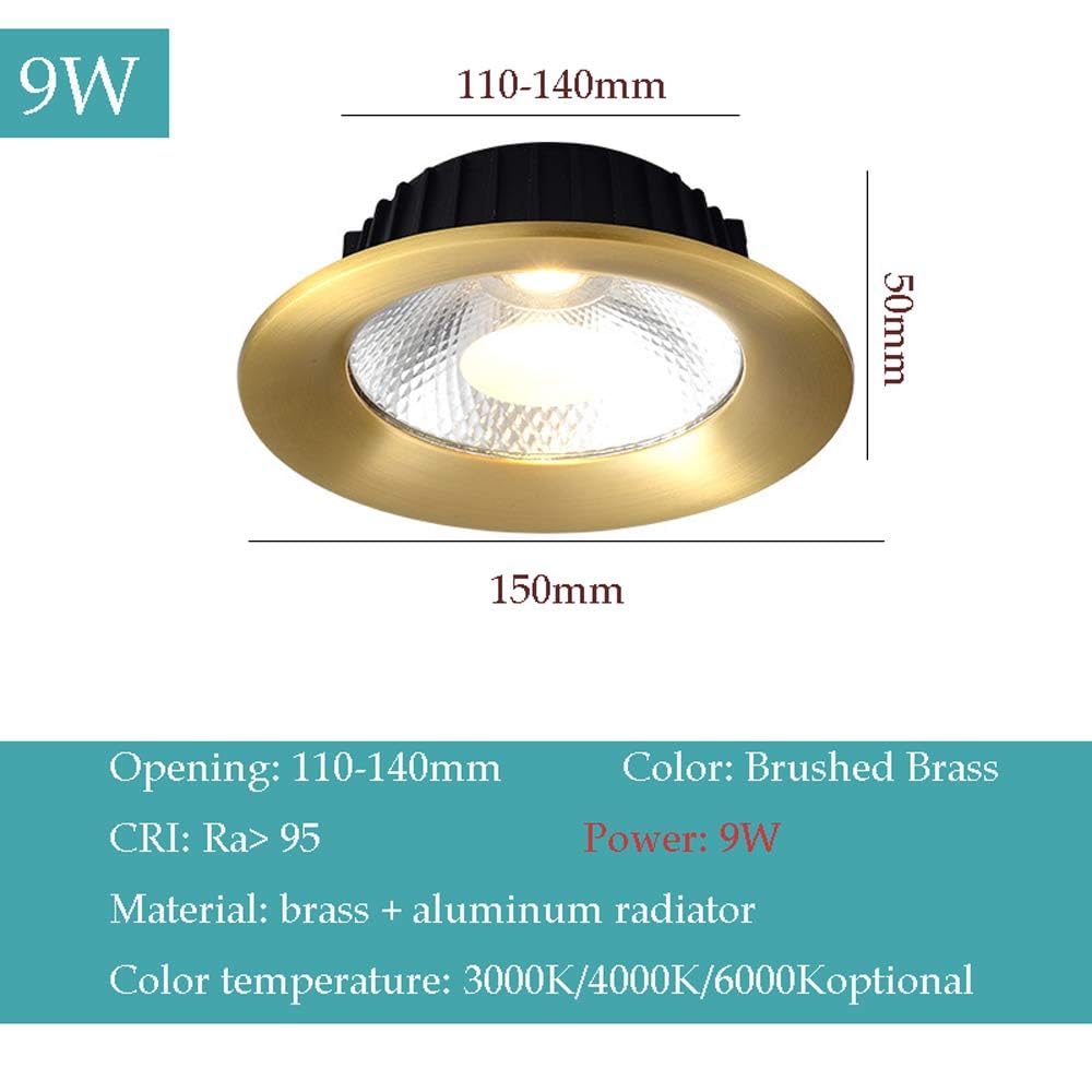 Spots encastrés LED Modernes et épurés 5W, 7W, 9W, 12W, avec diffuseur en Laiton doré, Forme Ronde COB, température de Couleur 3000K/4000K/6000K, pour Usage Commercial,A9w-4000K
