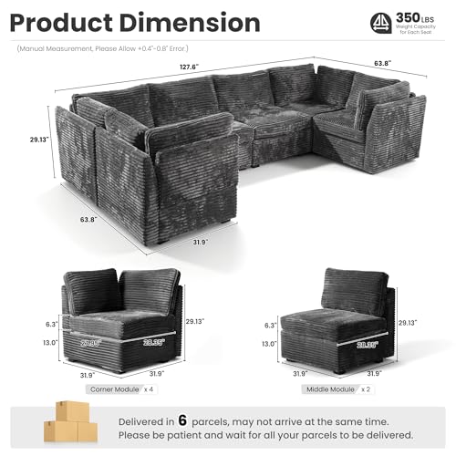Image of ovios Modular Sectional Sofa Couch with U-Shape Chaises Convertible, Comfy Plush Corduroy Cloud Couches, Modern Luxury Deep Seat Sofas Set for Living Room, 6-Seater, Grey