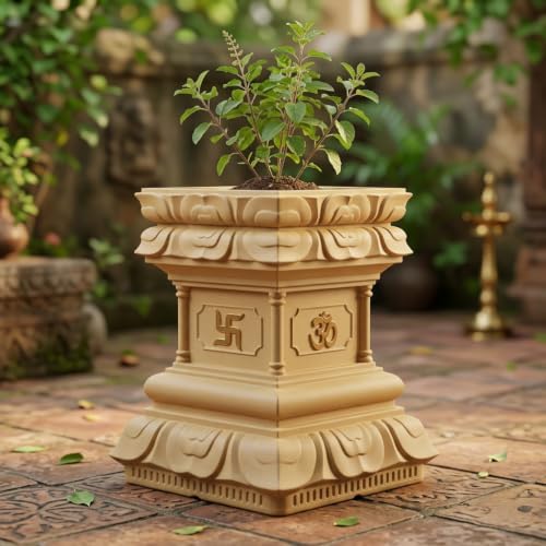 Image of YUCCABE ITALIA FOXB Tulsi Planter Stylish German Polymer Square Pot for Outdoor and Indoor Use (Beige, 24 Inch)