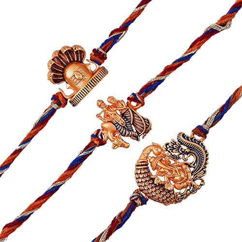 Image of eCraftIndia Set of 3 Rakhi Combo Hamper | Om Krishna Peacock Feather Lord Ganesha Silver Religious Designer Rakhis | Roli Chawal Pack