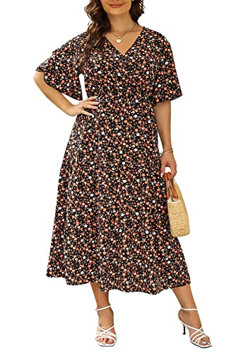 Image of Keluummi Plus Size Maxi Dress for Women V-Neck Floral Empire Waist 3 /4 Sleeve with Pockets(14 Plus, 14 - Black Floral)