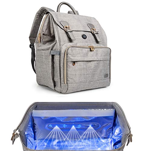 Oopsababy Diaper Bag Backpack with Cleaning Lights; connect to juice pack or wall adapter; Designer Gray with Rose Gold Hardware Diaper Bag Organizer for Baby Boy or Girl