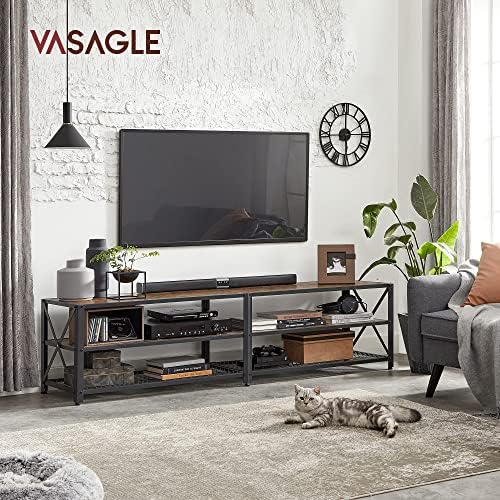 VASAGLE TV Stand, TV Table for TV up to 75 Inches, with Shelves, Steel Frame, Living Room, Bedroom Furniture, Rustic Brown and Black LTV096B01