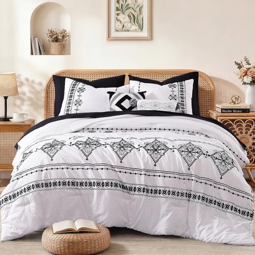 Image of MaiReve King Size Comforter Set Embroidery Floral 7 Pieces Bed in a Bag