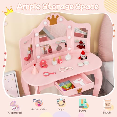 Image of KOTEK Kids Vanity with Lights, Crown Girls Vanity Set w /Tri-Folding Mirror, Detachable Top, Stool & Drawer, Wooden Toddler Makeup Dressing Table, Kids Vanity Table and Chair Set (Pink)