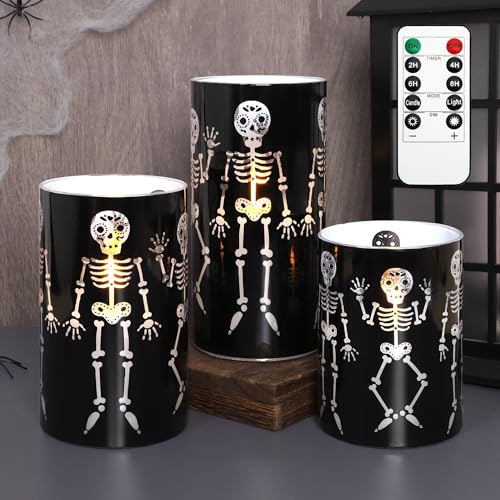 Image of Glass Flameless Candles Black Funny Skeleton Party Decor Battery Operated with Remote Gothic Spooky LED Pillar Candle for Halloween Decorations Haunted House Favors Classrooms, Set of 3