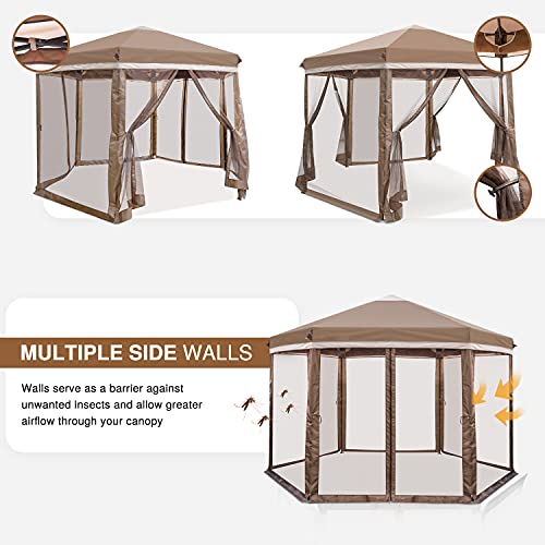 Coos Bay 6 Sided Hexagon Pop Up Gazebo Tent W/ Mosquito Netting (90 Square Feet Of Shade) Easy Setup Center Push Outdoor Instant Gazebo Canopy Shelter, Beige #TOP1