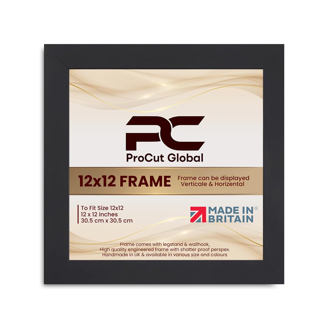Procut Global 12X12 Matt Black Picture Frames - Modern Wooden Photo Frame with Shatterproof Perspex for Wall or Tabletop - Perfect for Posters, Certificates, Prints - Sizes & Colors Available