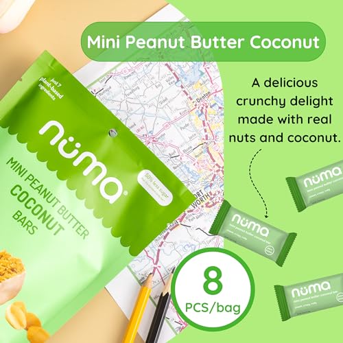 Image of Numa Foods Mini Coconut Peanut Butter Bars - Vegan, Low Sugar, High Protein, All Natural, Gluten Free - Crunchy Plant Based Peanut Butter Snacks - 3 Bags with 8 Individually Wrapped Protein Bars