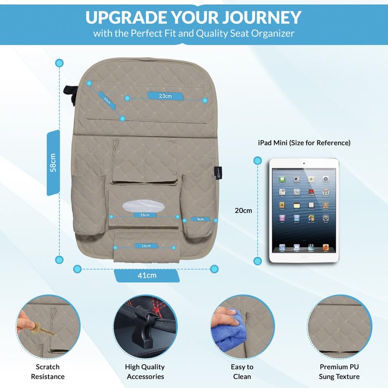 Neodrift 'Seat Master' Premium 7D Car Seat Organizer, Universal Fit, Multi-Pocket Storage for Bottles, Documents, Mobile, Keys, Tissues (Coffee) - Image 3 thumbnail