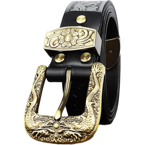 AGUTALITHIC Embossed Western Floral Belt for Women and Men Handcrafted Strap with Engraved Double Dragon Filigree Gold Buckle(130cm/waist:44