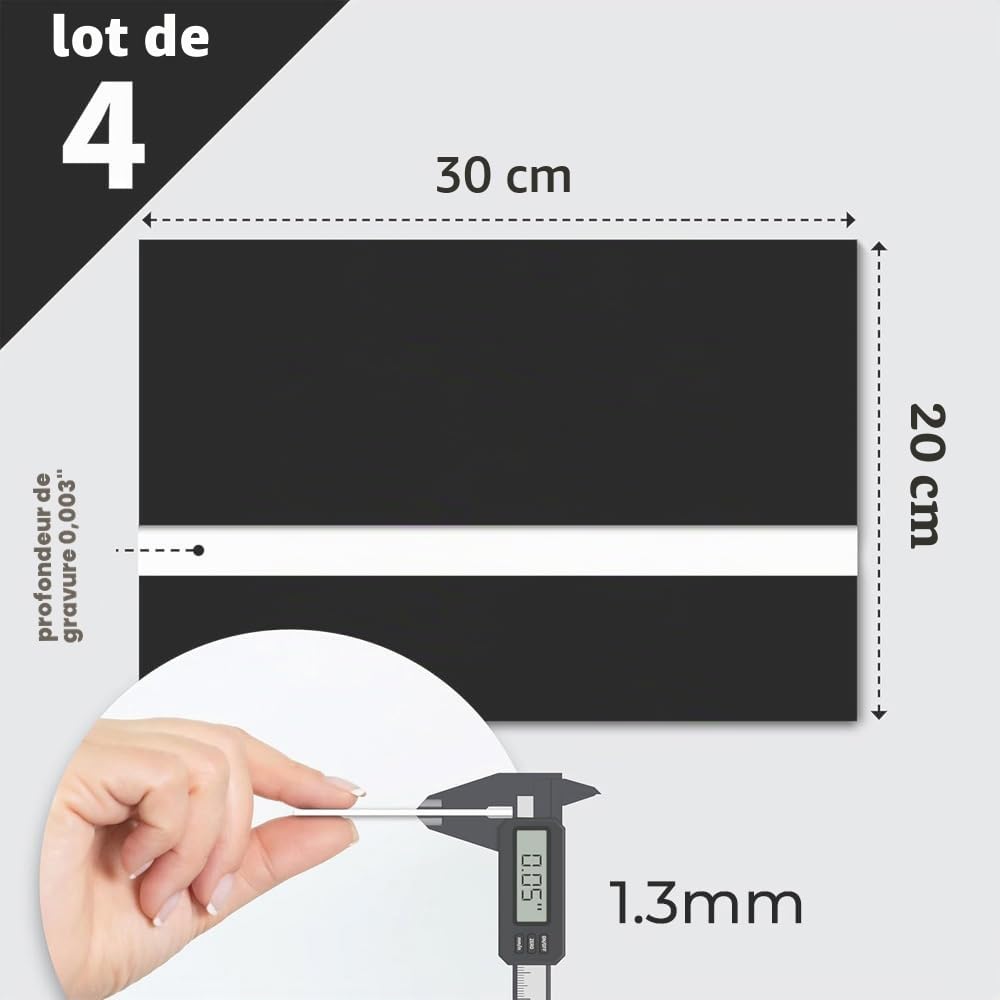 Feuille Plastique ABS, 30x20cm 1,3mm, 4 Plaques pour Gravure Laser, Plaque Gravée Personnalisée, pour Bureau à Domicile (Blanc sur Noir)