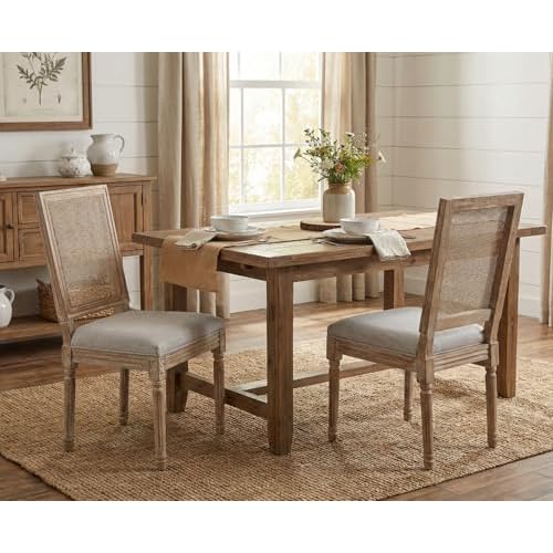 CIMOTA Farmhouse Dining Chairs Set of 2, French Rattan Dining Room Chairs with Rectangle Back/Distressed Wood Upholstered Vintage Side Chairs for Kitchen/Restaurant, Grey/2PCS Rectangle Ratt