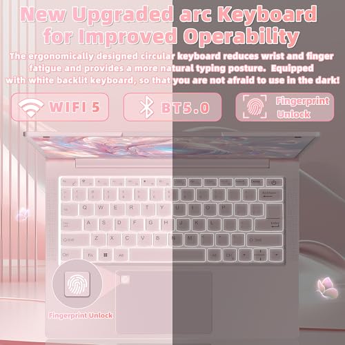 Image of 14''Pink Laptop 16GB DDR4 RAM 512GB SSD,2K UHD (2160 * 1440) IPS Display Laptop, N150 CPU (Up to 3.6 Ghz) Win 11 Portable PC /WiFi 5,Type-C,3MP Camera,6000Mah,BT5.0,Fingerprint (16G+512GB)