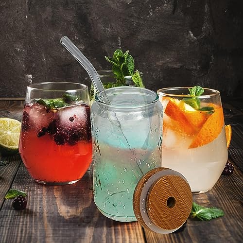 Image of WEZOSHINET 1 Pcs Glass Cups with Bamboo Lids and Straws, 20oz Can Shaped Drinking Beer Glasses, Iced Coffee Cups, Cute Tumbler with Straw Cleaning Brushes, Ideal for Bubble Tea, Smoothie, Juice