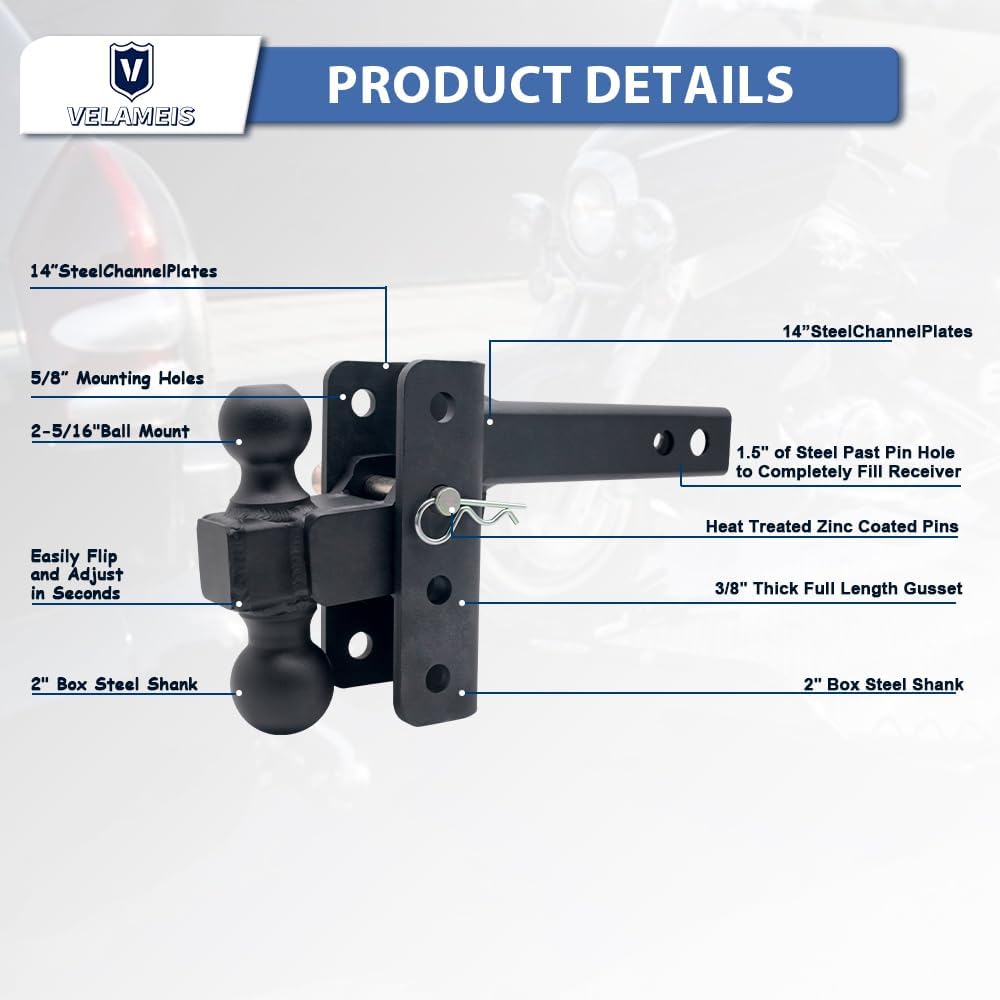 Adjustable Trailer Hitch-(for 2-Inch Receiver) Medium Duty Trailer Hitch (14,000 lb. Rating)-2-Inch Drop/Rise with 2-Inch 2-5/16" Adopt Anti-Oxidation Technology 08