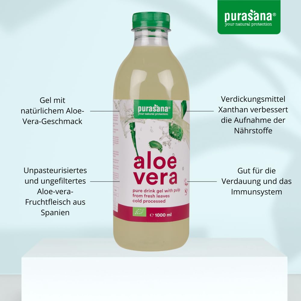 Purasana® Aloe Vera Saft Trinkgel 99,3% - 1L, Reines Kaltgepresstes Aloe Gel aus dem Inneren des Blattes, Fördert Hautgesundheit & Hydratation, Vegan & Bio-Zertifiziert