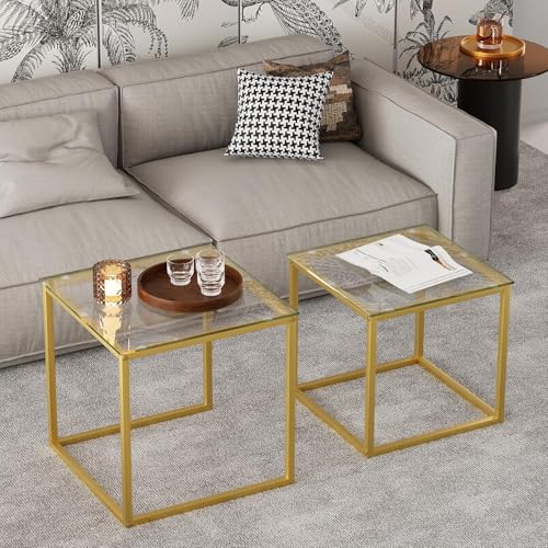 Huhote Quadratisch Couchtisch 2er Set, Moderne Wohnzimmertisch, Couchtisch Aus Glas, Wohnzimmertisch Klein, Beistelltisch, Sofatisch, Coffee Table für Wohnzimmer, Schlafzimmer, Büro, 50/45 cm, Gold – Bild 5