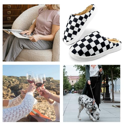 Checkered Memory Foam Slippers - Women's & Men's Soft Warm Bedroom House Slippers with Faux Fur Lining - Indoor/Outdoor - Pink, White, Black - Size 8/93
