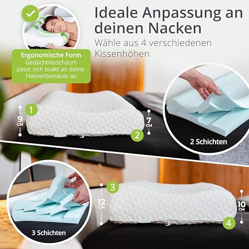 feela.® Orthopädisches Kopfkissen/Schlafkissen [3 Härtegrade] - Lindert Nacken- & Schulterschmerzen, Erhöht Schlafkomfort und Entlastet die Halswirbelsäule | Höhenverstellbar Pillow 60X40 cm (Medium)