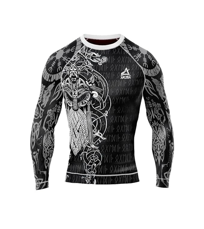 Long Sleeve Compression Rash Guard for MMA, BJJ, Gym, Running, Cycling (Vikings)