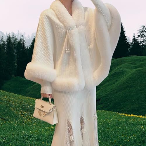 Elegant White Faux Fur Shawl for Women Free Size Cape (25.5 x 39.5 in) - Winter Faux Fur Coat for Women with Pearl Details2