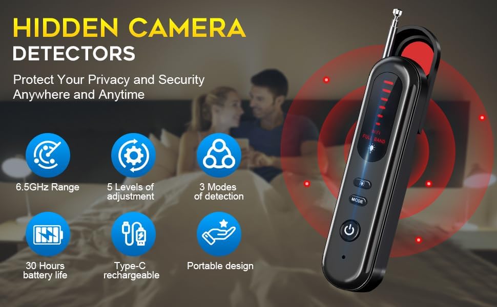 Image of Hidden Camera Detector Device- Pocket Sized Anti Spy Camera Detector, Listening Device GPS Tracker Detector, 5 Levels Sensitivity Adjustable 4 Professional Modes (A-1)