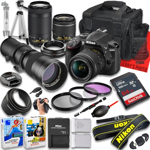 Nikon D3400 DSLR Camera with AF-P DX NIKKOR 18-55mm f/3.5-5.6G VR and 70-300mm f/4.5-6.3G ED & 420-800mm f/8 Lens + 64 GB Memory + Extra Battery + Camera Case + More (25pc Bundle) (Renewed)