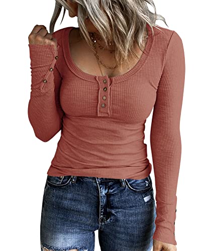Image of KINLONSAIR Women Long Sleeve Henley Shirts Scoop Neck T-shirt Basic Tops