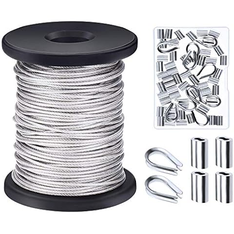 Canomo 1/16 inch x 98 Feet (1.5mm x 30m) Vinyl Coated Stainless Steel Picture Hanging Wire Rope Cable with 50 Pieces Aluminum Crimping Sleeves, 10 Pieces Thimble and 50 Pieces D-Ring Hangers Cover