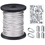 Canomo 1/16 inch x 98 Feet (1.5mm x 30m) Vinyl Coated Stainless Steel Picture Hanging Wire Rope Cable with 50 Pieces Aluminum Crimping Sleeves, 10 Pieces Thimble and 50 Pieces D-Ring Hangers