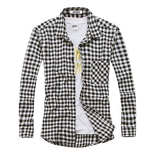 Image of OCHENTA Men's Plaid Shirt Long Sleeve Button Down Flannel Casual Tops P022 Black White 2XL