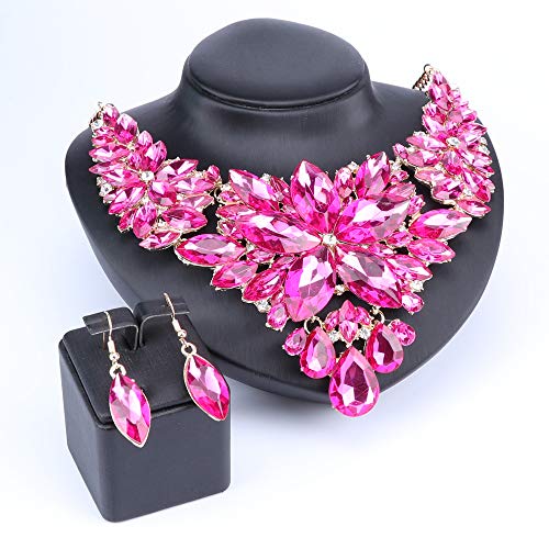 Women Wedding Jewelry Set Crystal Flower Luxury Bridal Necklace Earring (Rose Red) #TOP2