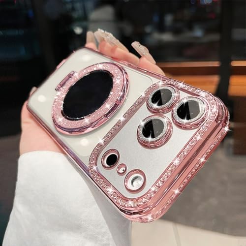 Étui paillettes iPhone 13 Pro Max rose coque miroir diamant et support