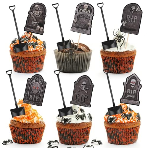 DERAYEE 48Pcs Halloween Cupcake Toppers, Tombstone Cupcake Topper...