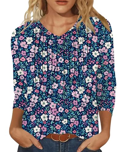 IEEILULU Blusas Mujer Verano, Camisa Mujer Manga 3/4 Cuello en V, Blusas Madam Verano Elegantes, Elegante Tops Casual Sueltas de Oficina (FR/ES, Letras, L, Regular, Regular, Morado con Estampado)