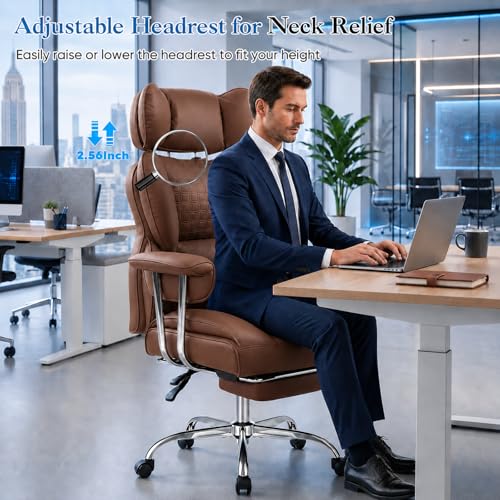 Image of Big and Tall Office Chair 350 LBS, Scratch-Resistant PU Leather Executive Office Desk Chair with Footrest, Ergonomic Reclining Computer Chair with Pocket Spring Support for Home Office, Brown