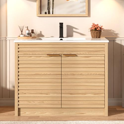 Squireewo 36 Inch Bathroom Vanity with Sink, Mid-Century Modern Bathroom Vanity with Storage Cabinet, Freestanding Bathroom Cabinet with Door Shelves and Faucet, Light Oak