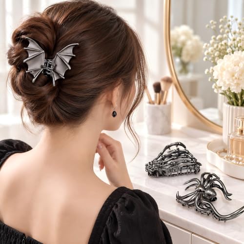 Parcce 3 PCS Halloween Hair Clips for Women, Gothic Bat Wing, Spider and Skeleton Hand Claw Clips, Gunmetal Goth Accessories, Strong Hold Halloween Hair Accessories, Spooky Skull Costume Party Gifts - image 6