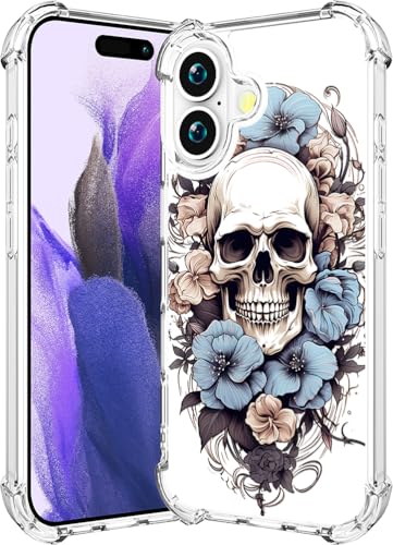 Coque iPhone 17 fleur crâne bleu mignonne et antichoc pour femme
