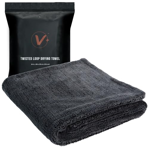 VIKING V+ Premium Microfiber Towel for Car Drying, Twisted Loop, Soft and Super Absorbent, Thick 1200gsm Towel for Car Detailing Kit, Grey, 24 Inch x 36 Inch, 1 Pack