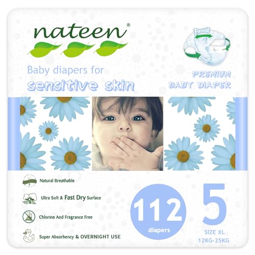 Nateen Premium Baby Diapers, Overnight Use Disposable Diapers for Sensitive Skin, Ultra Thin Diapers with Comfortable Fit. Size 5 (X-Large), 112, Count.