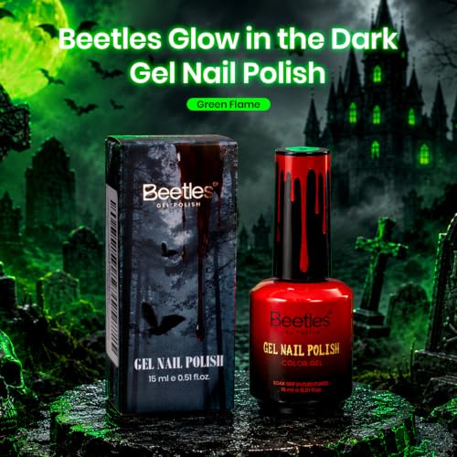 Image of Beetles Glow in the Dark Gel Nail Polish, 15ML Green Flame Neon Glitter Gel Polish, UV LED Soak-Off Color for Halloween Flame Spiderweb Nail Art and DIY Manicure